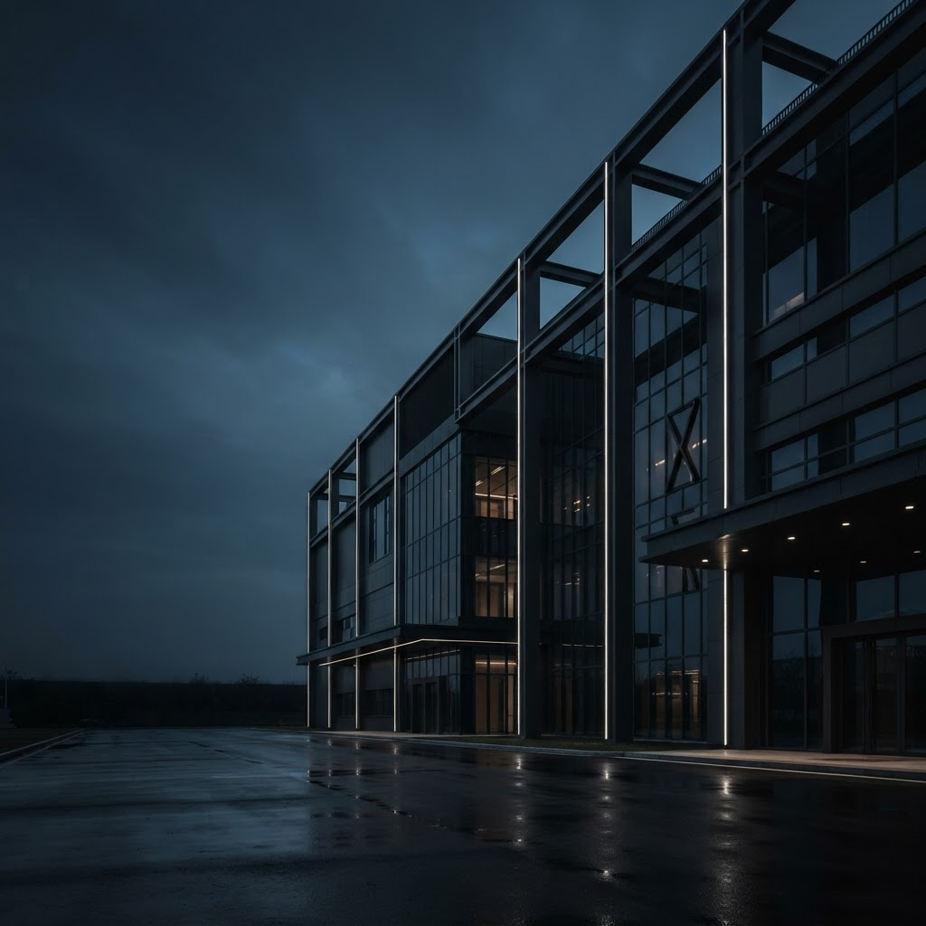 Fachada corporativa moderna em aço e vidro ao entardecer